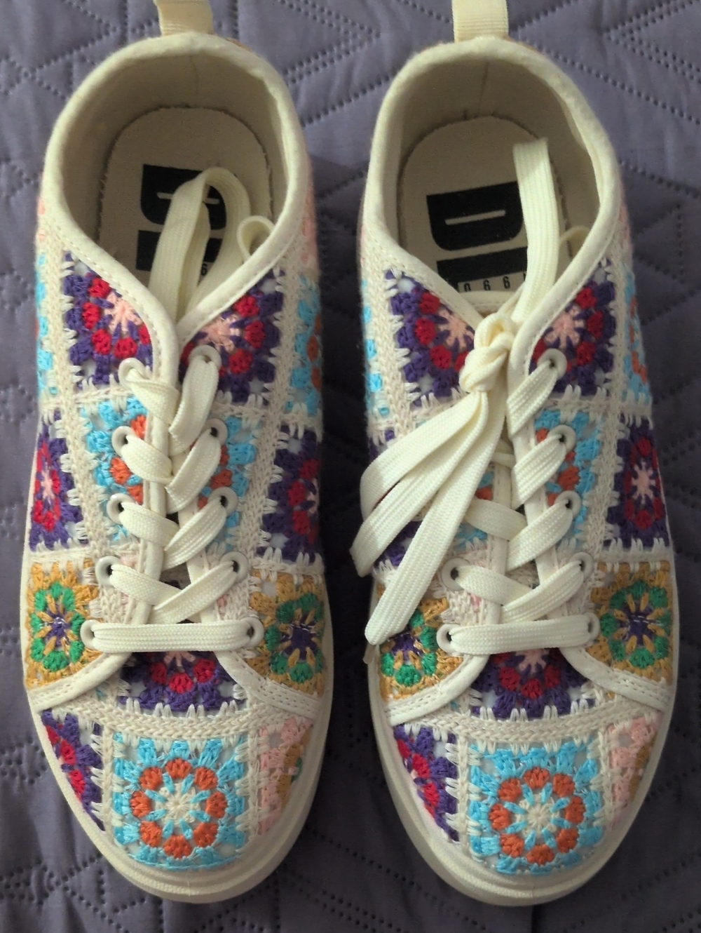 Women's Crochet Embroidered Lace-Up Sneakers - Ivory with Multicolor Accents, 10